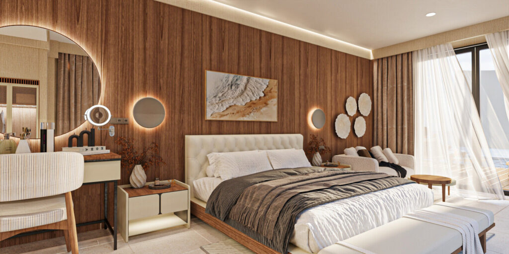 Swim-Up Suite bedroom at A'ILA Palm